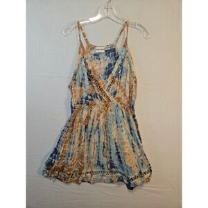 Raya Sun Womens Blue Tan Tie Dye Boho Crochet Trim Crinkle Mini Dress Medium
